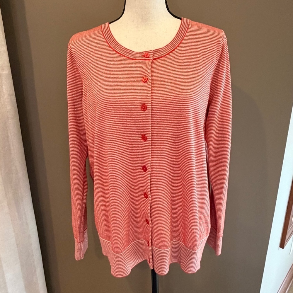 Talbots Red & Cream Button Down Cardigan with metallic thread, Size 1X Petite